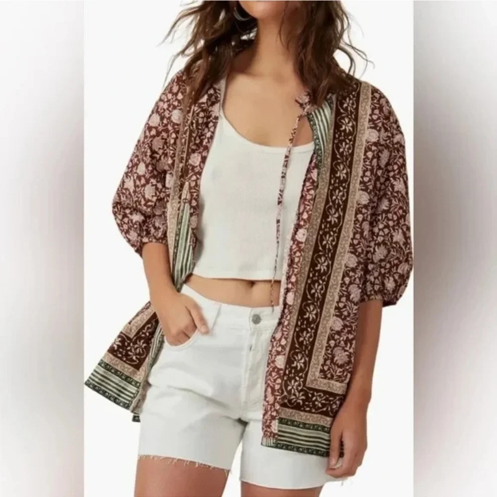 FREE PEOPLE We The Free Batik Border Bohemian Brown Floral Women's Top